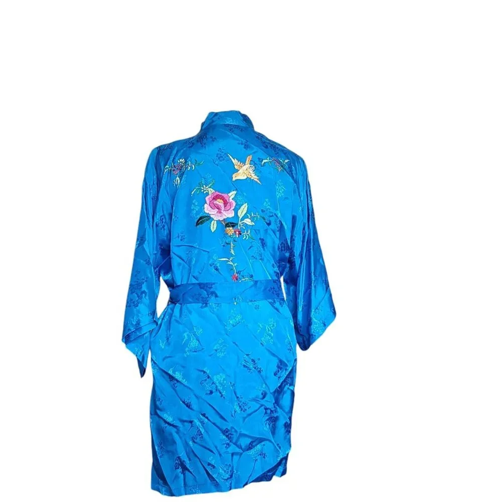 Vintage Chinese Kimono Robe‎ M Satin Blue Embroidered Flowers Bird Bed Jacket